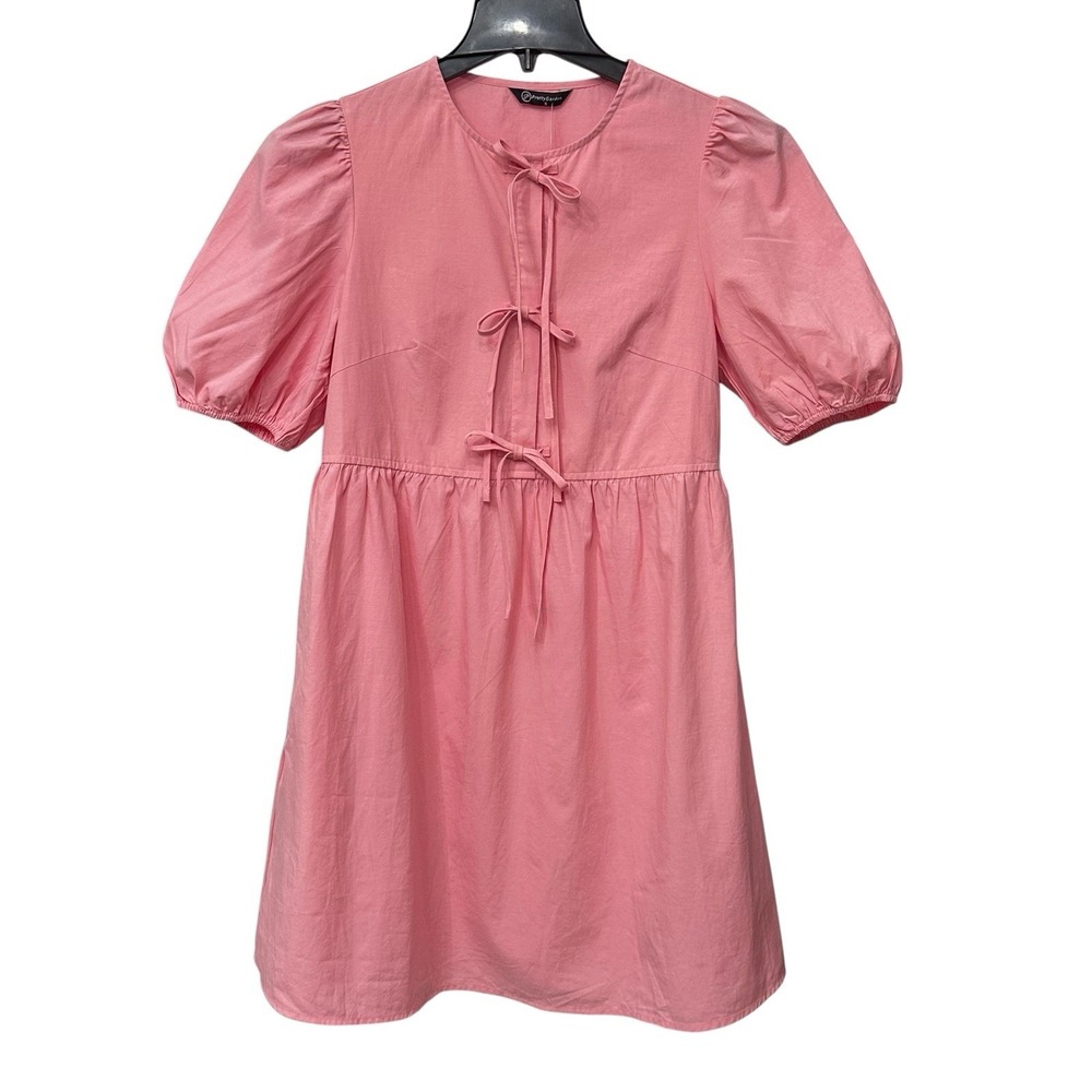 Women Size S NWT Pink Puff Sleeves Midi Dress Cotton Blend Pockets Pretty Garden